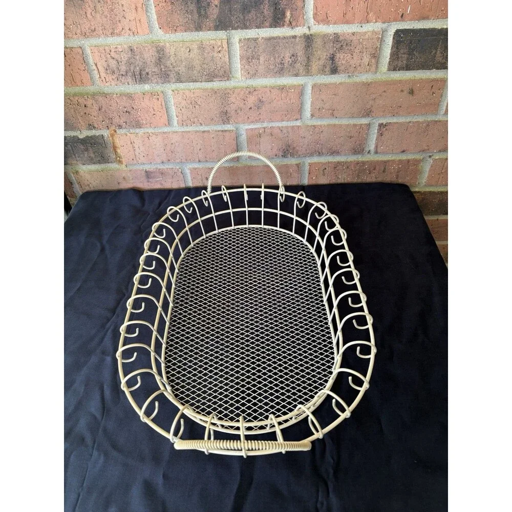 Mid-Century 1960s Style White Wire Basket French Country Scrolled Loop Edged Egg